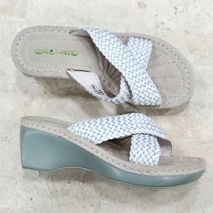 Encanto sandals women's 8 white leather woven criss cross wedge heels slip on